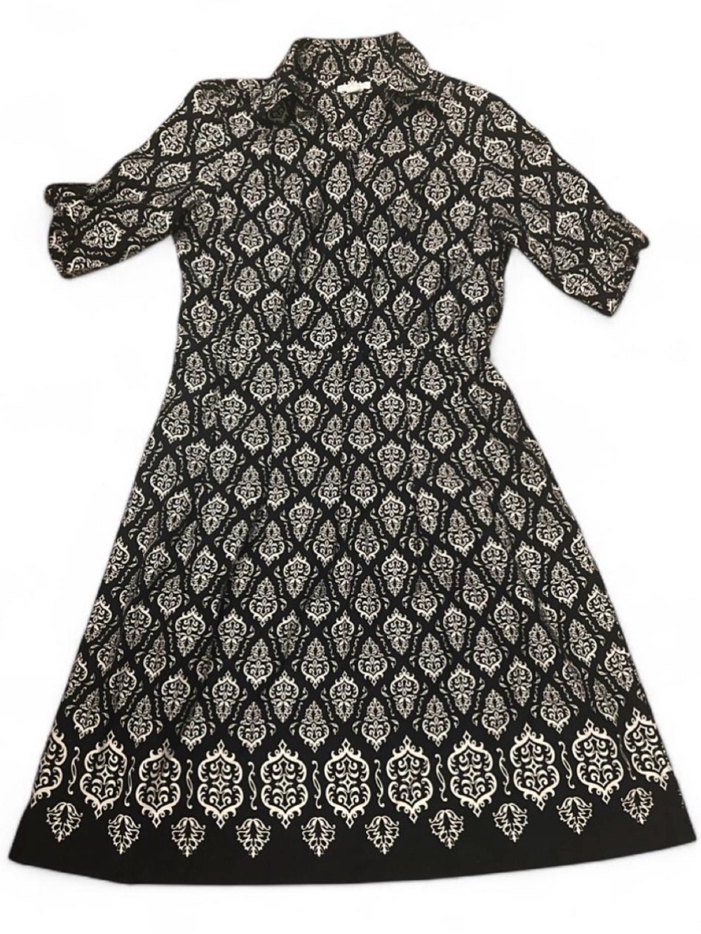Charter Club Dress Geometric Patterned Black and White Midi Shirtwaist A Line